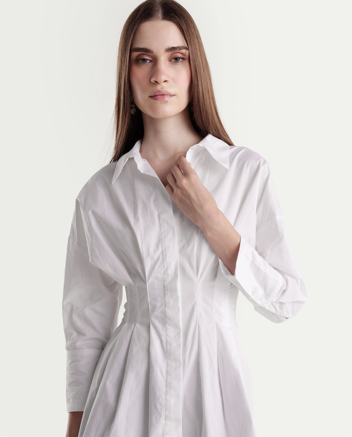 Rareism Women's Stylos White Cotton Spread Collar Cinched Waist Shirt - image 3
