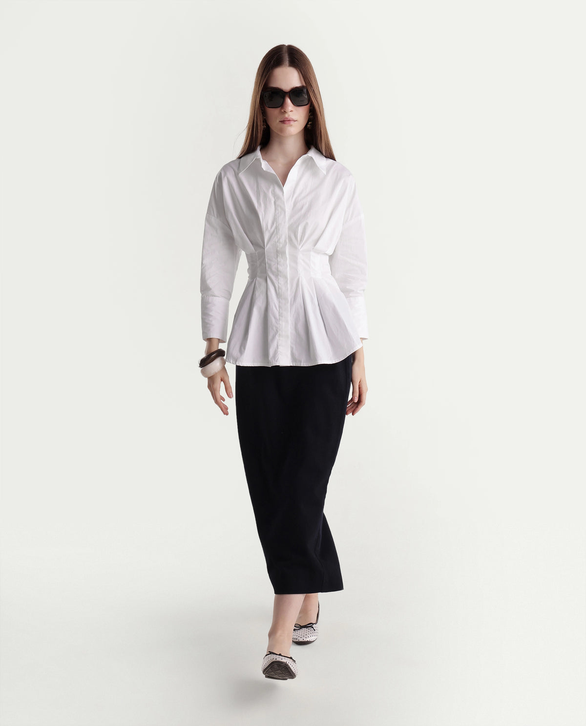 Rareism Women's Stylos White Cotton Spread Collar Cinched Waist Shirt - image 2