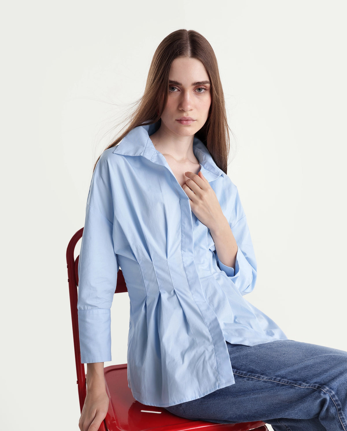 Rareism Women's Stylos Light Blue Cotton Spread Collar Cinched Waist Shirt - image 1