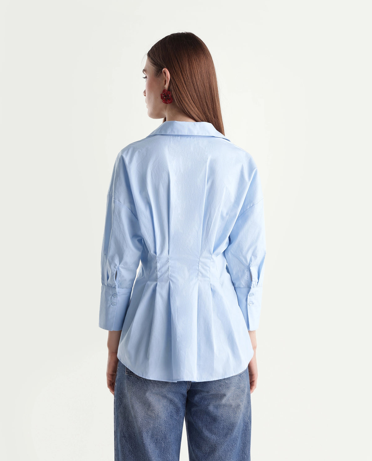Rareism Women's Stylos Light Blue Cotton Spread Collar Cinched Waist Shirt - image 7