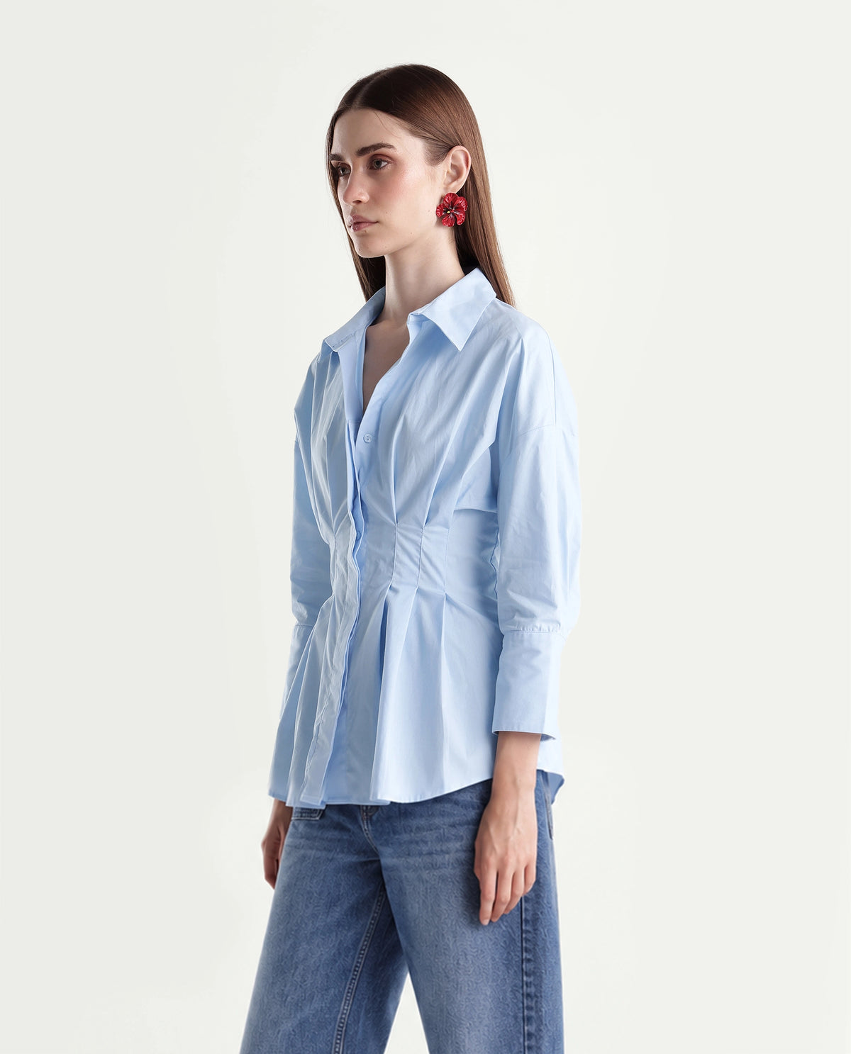 Rareism Women's Stylos Light Blue Cotton Spread Collar Cinched Waist Shirt - image 5