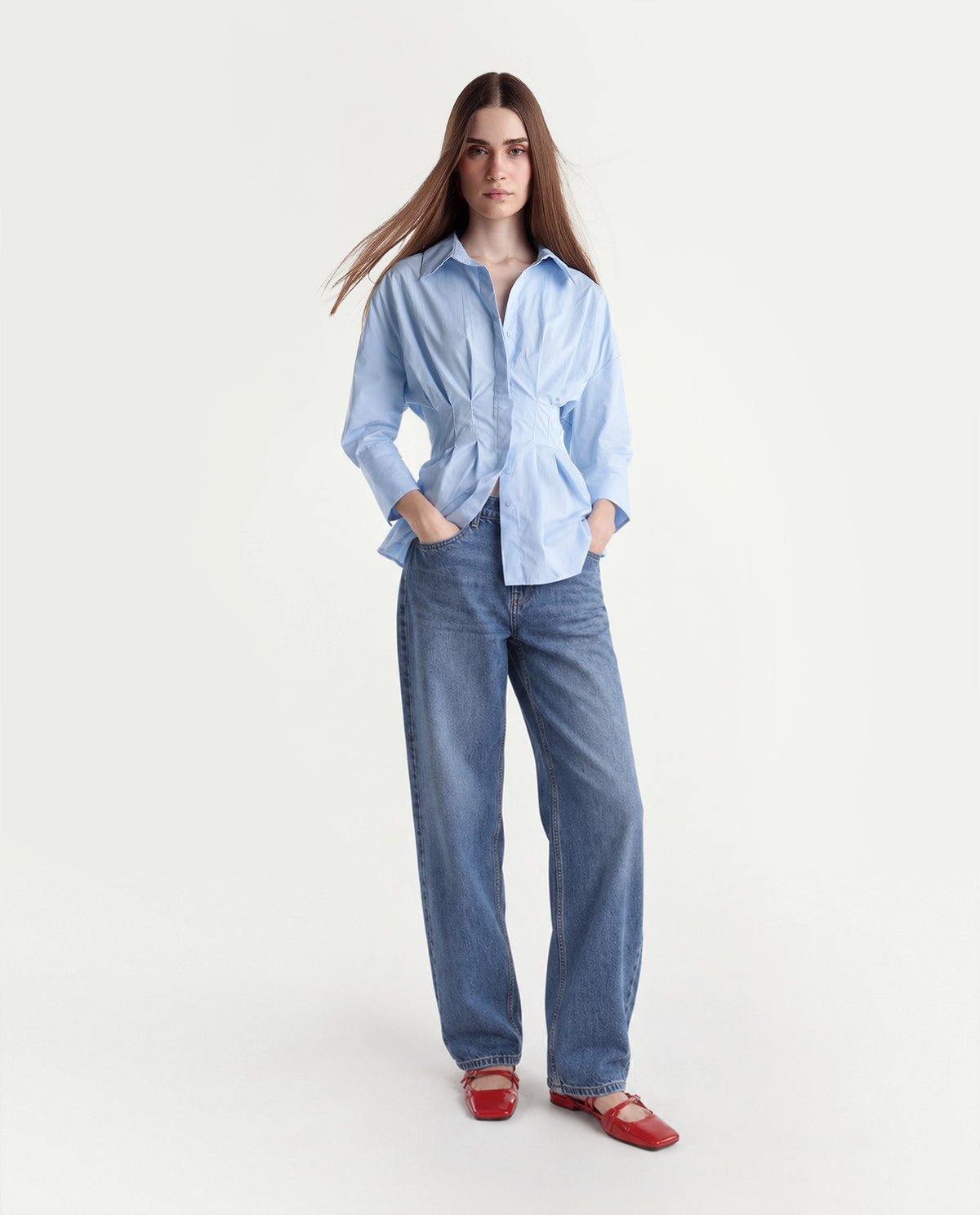 Rareism Women's Stylos Light Blue Cotton Spread Collar Cinched Waist Shirt - image 2