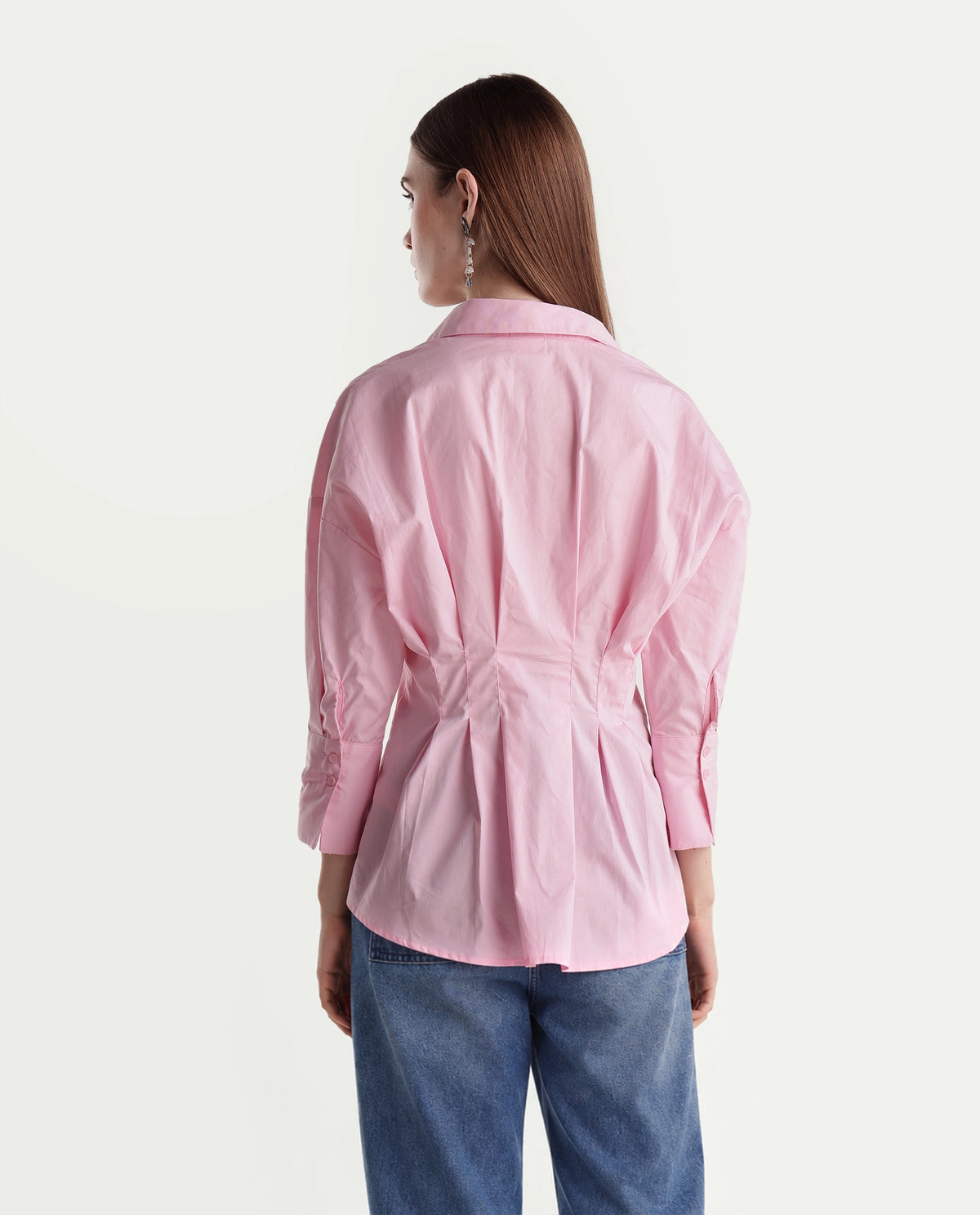 Rareism Women's Stylos Light Pink Cotton Spread Collar Cinched Waist Shirt - image 7
