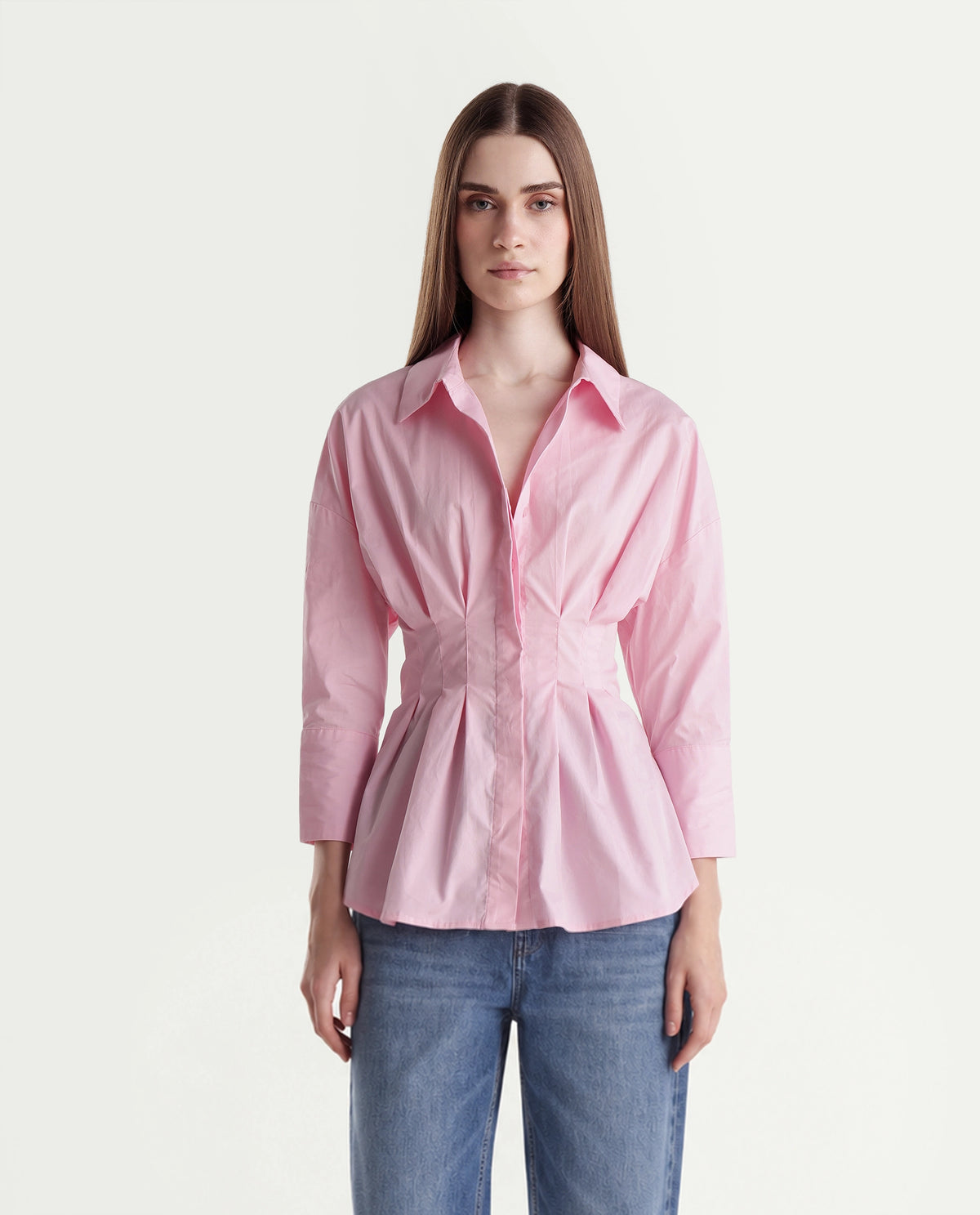 Rareism Women's Stylos Light Pink Cotton Spread Collar Cinched Waist Shirt - image 6