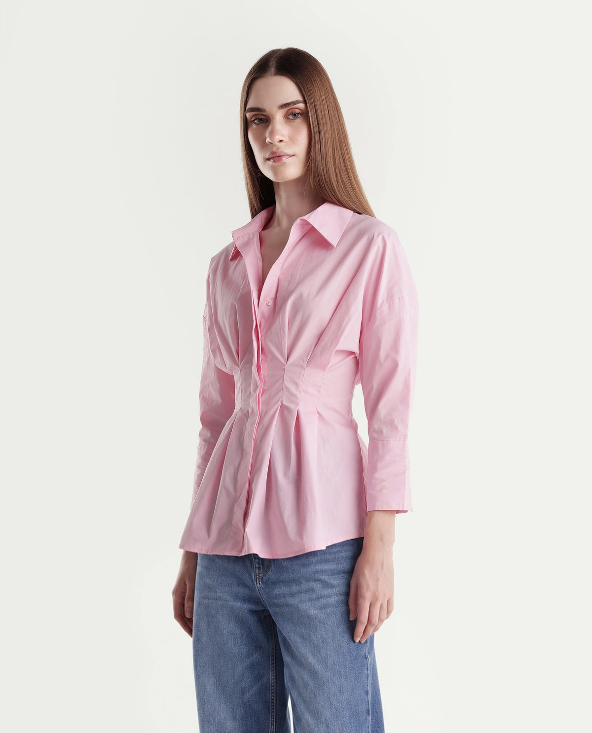 Rareism Women's Stylos Light Pink Cotton Spread Collar Cinched Waist Shirt - image 5