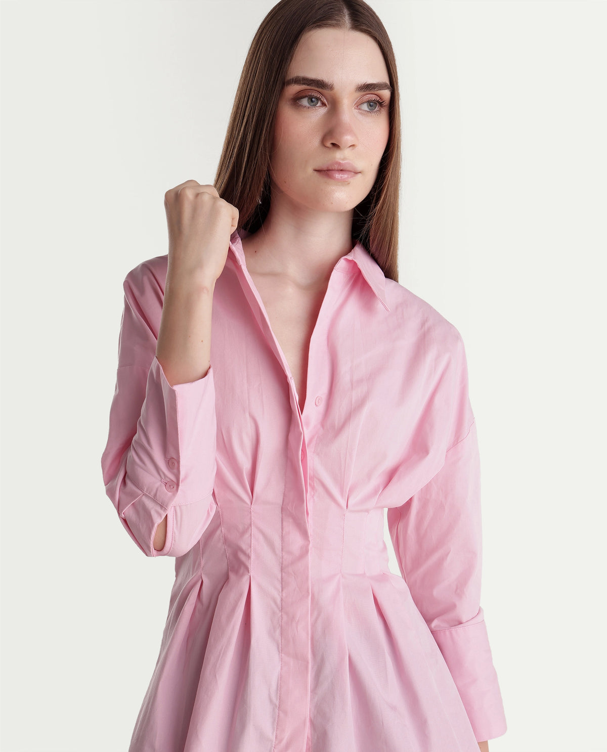 Rareism Women's Stylos Light Pink Cotton Spread Collar Cinched Waist Shirt - image 3