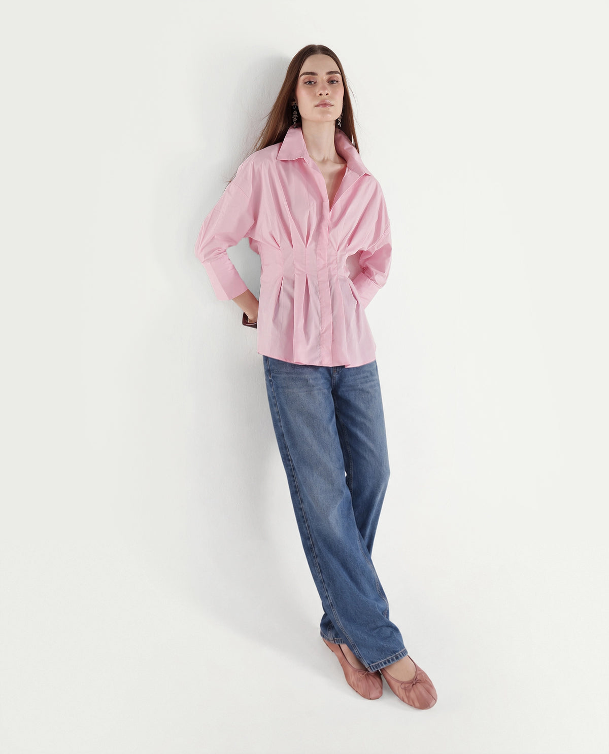 Rareism Women's Stylos Light Pink Cotton Spread Collar Cinched Waist Shirt - image 2