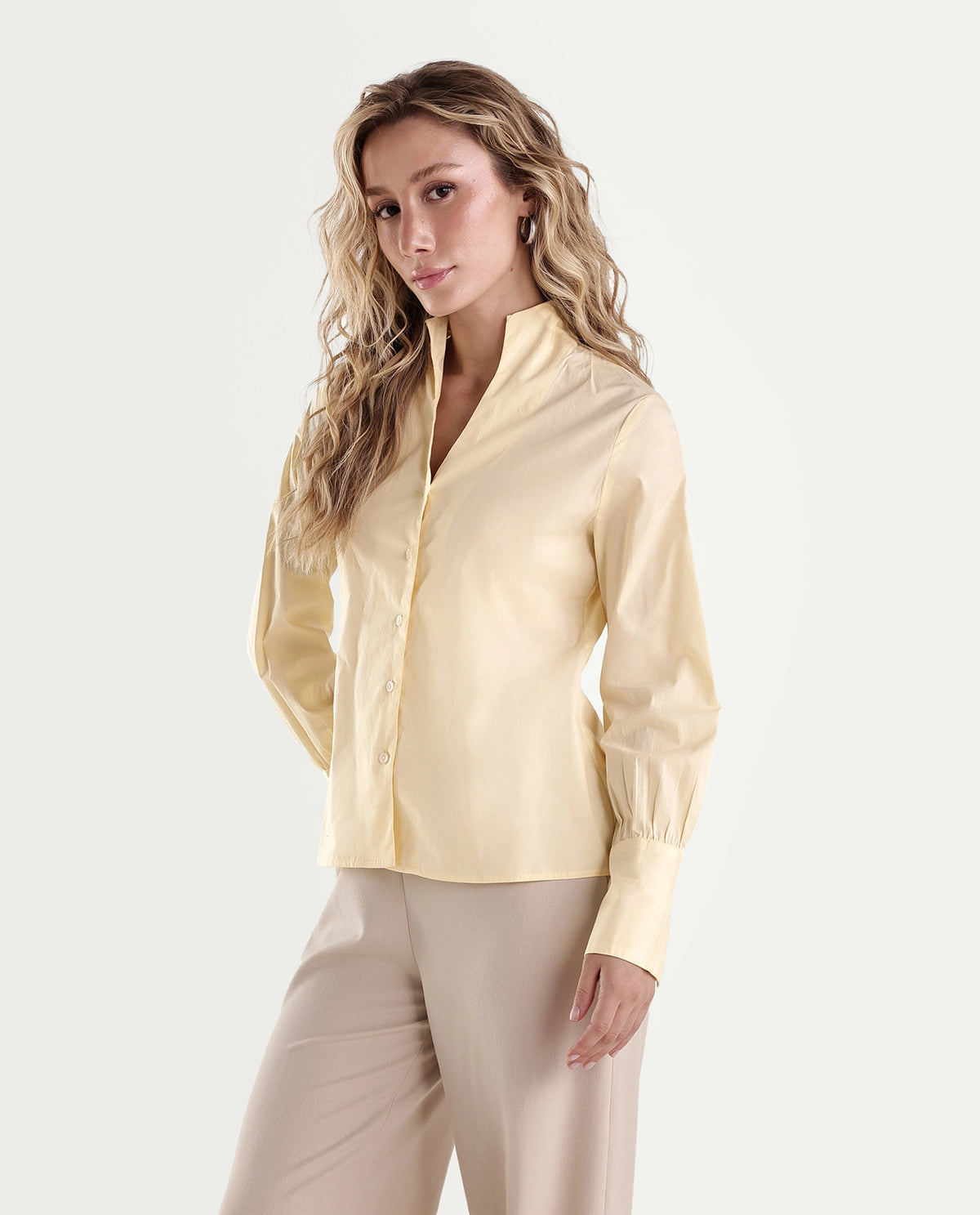 Rareism Women Onwynd Light Yellow Cotton Blend Stand Collar Plain Regular Shirt