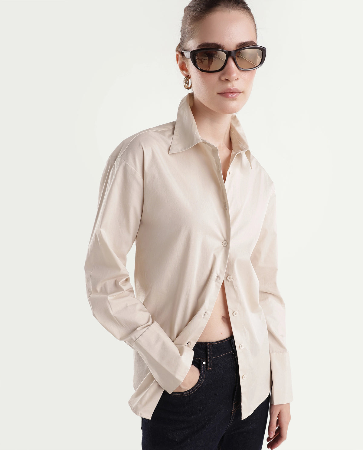 Rareism Women's Onwhirt Beige Cotton Blend Oversized Shirt - image 1