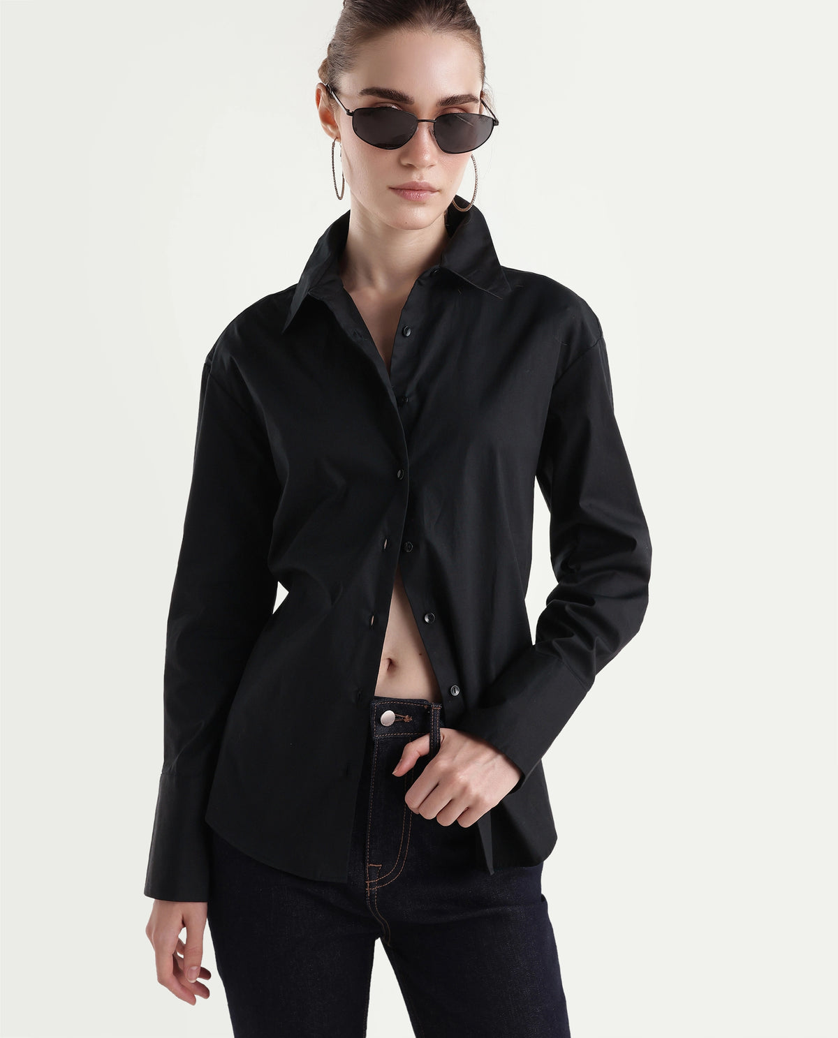 Rareism Women's Onwhirt Black Cotton Blend Oversized Shirt - image 1