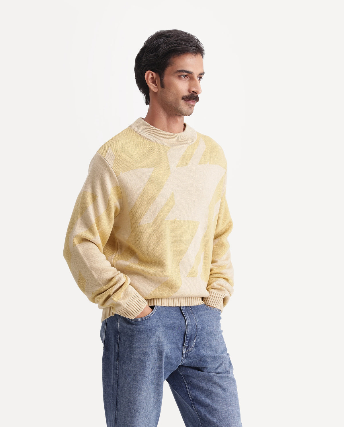 Rare Rabbit Men's Vint-E Dusky Yellow Acrylic Crew Neck Regular Fit Jacquard Sweater - image 7
