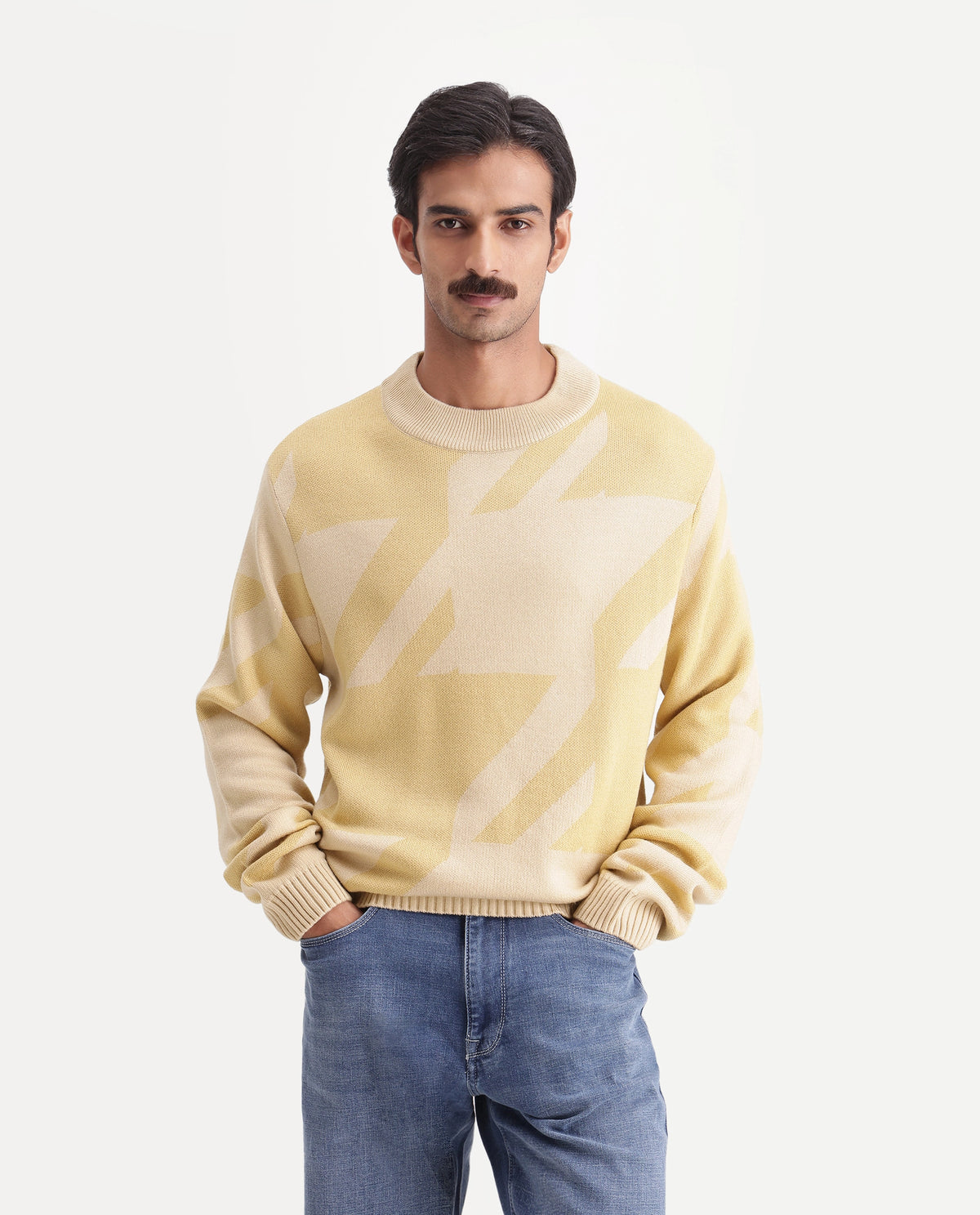 Rare Rabbit Men's Vint-E Dusky Yellow Acrylic Crew Neck Regular Fit Jacquard Sweater - image 4