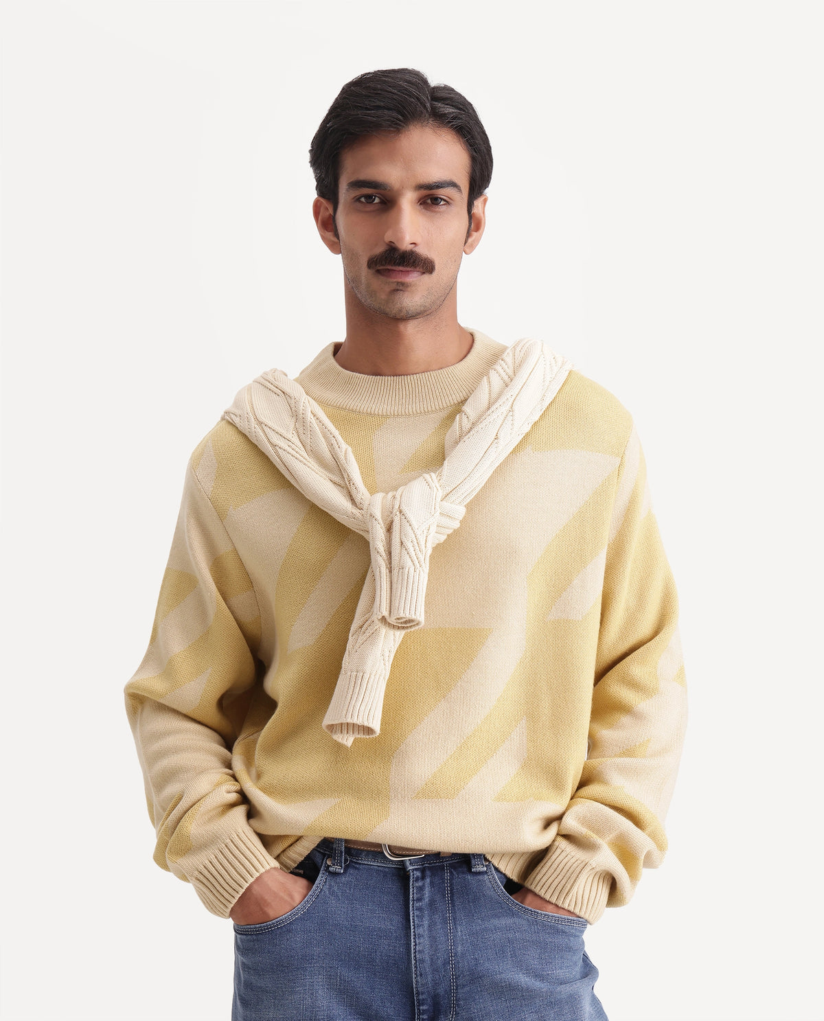 Rare Rabbit Men's Vint-E Dusky Yellow Acrylic Crew Neck Regular Fit Jacquard Sweater - image 6