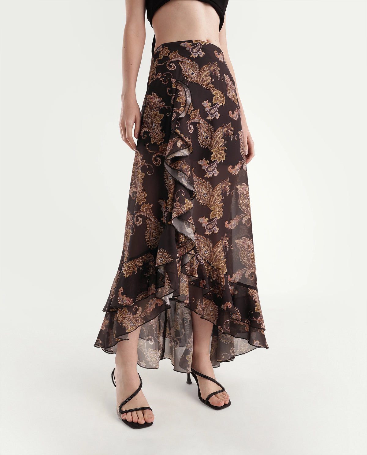 Rareism Women's Onfino Brown Polyester Button And Zip A-Line Paisley Print Skirt - image 1