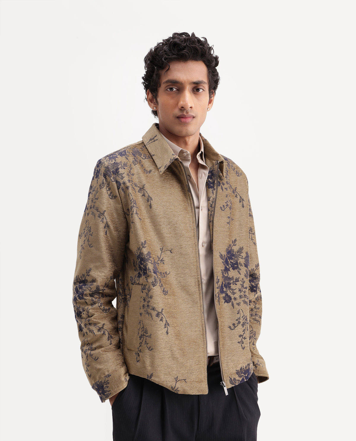 Rare Rabbit Mens Riva Brown Cotton Blend Spread Collar Regular Jacquard Jacket