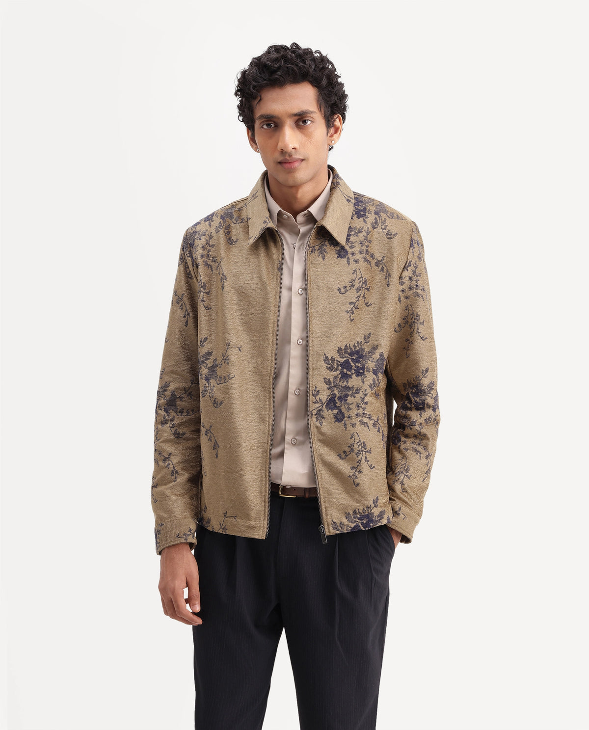 Rare Rabbit Mens Riva Brown Cotton Blend Spread Collar Regular Jacquard Jacket