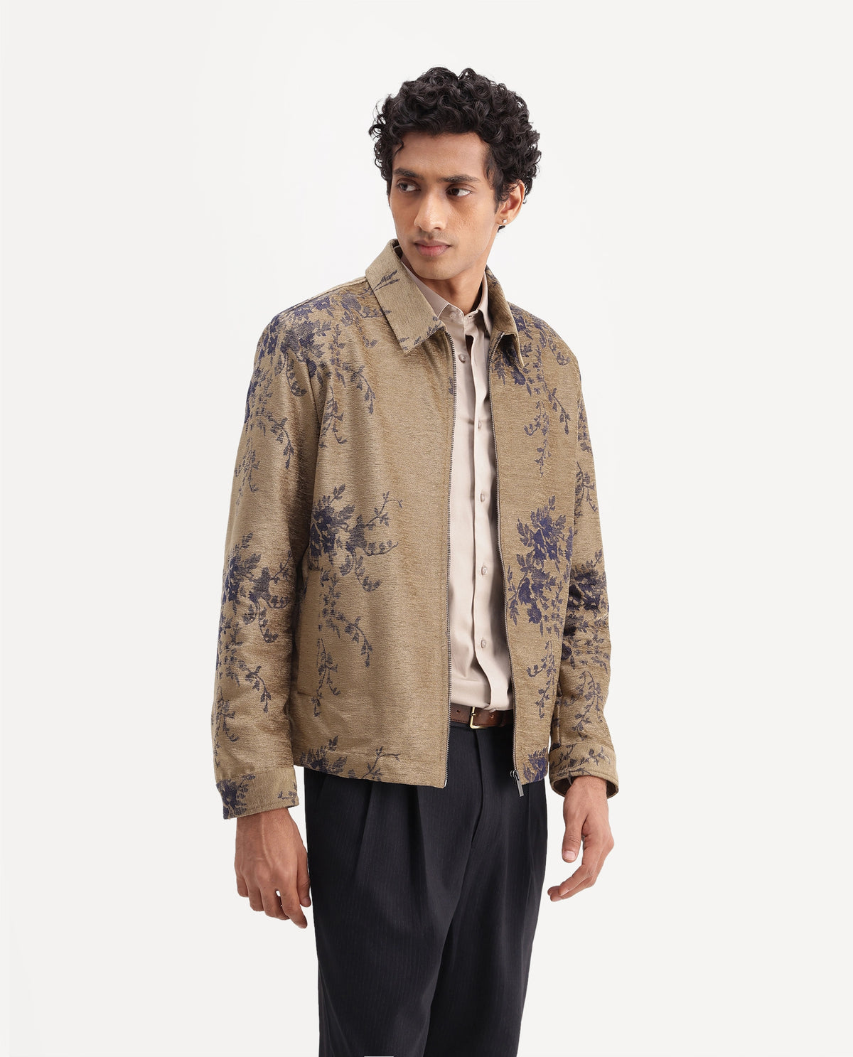 Rare Rabbit Mens Riva Brown Cotton Blend Spread Collar Regular Jacquard Jacket
