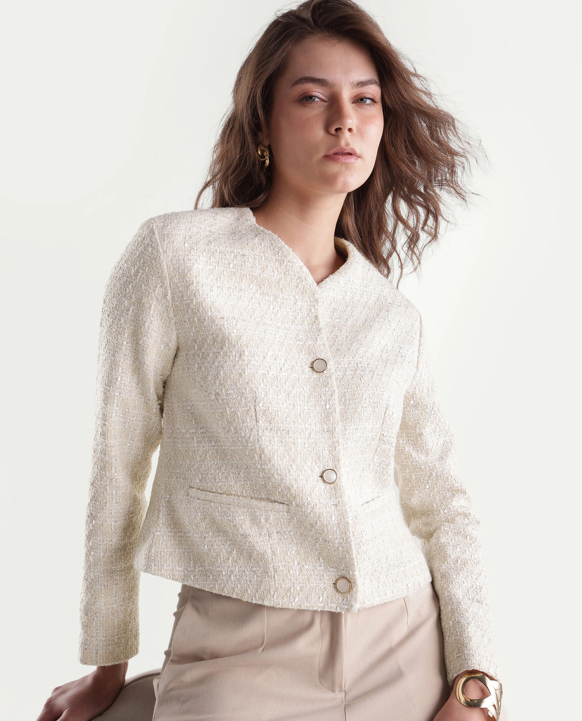 Rareism Womens Toat-J Off White Cotton Blend Collarless Regular Plain Jacket