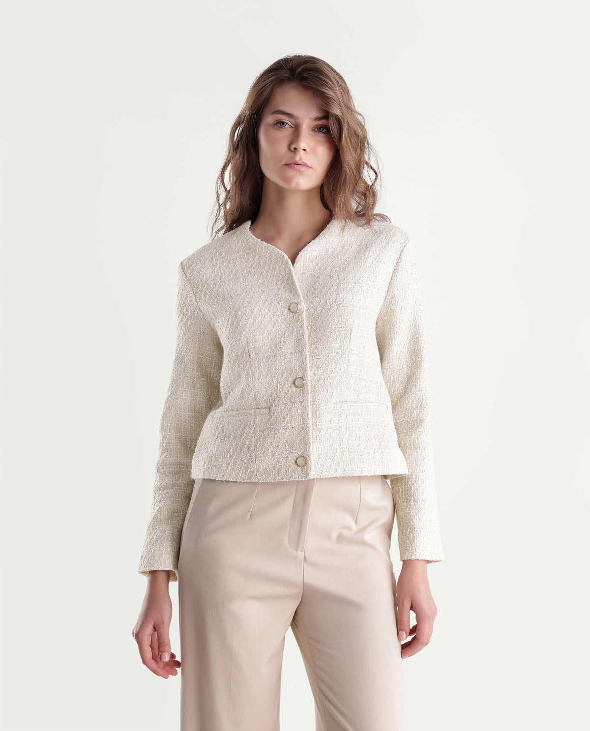 Rareism Womens Toat-J Off White Cotton Blend Collarless Regular Plain Jacket
