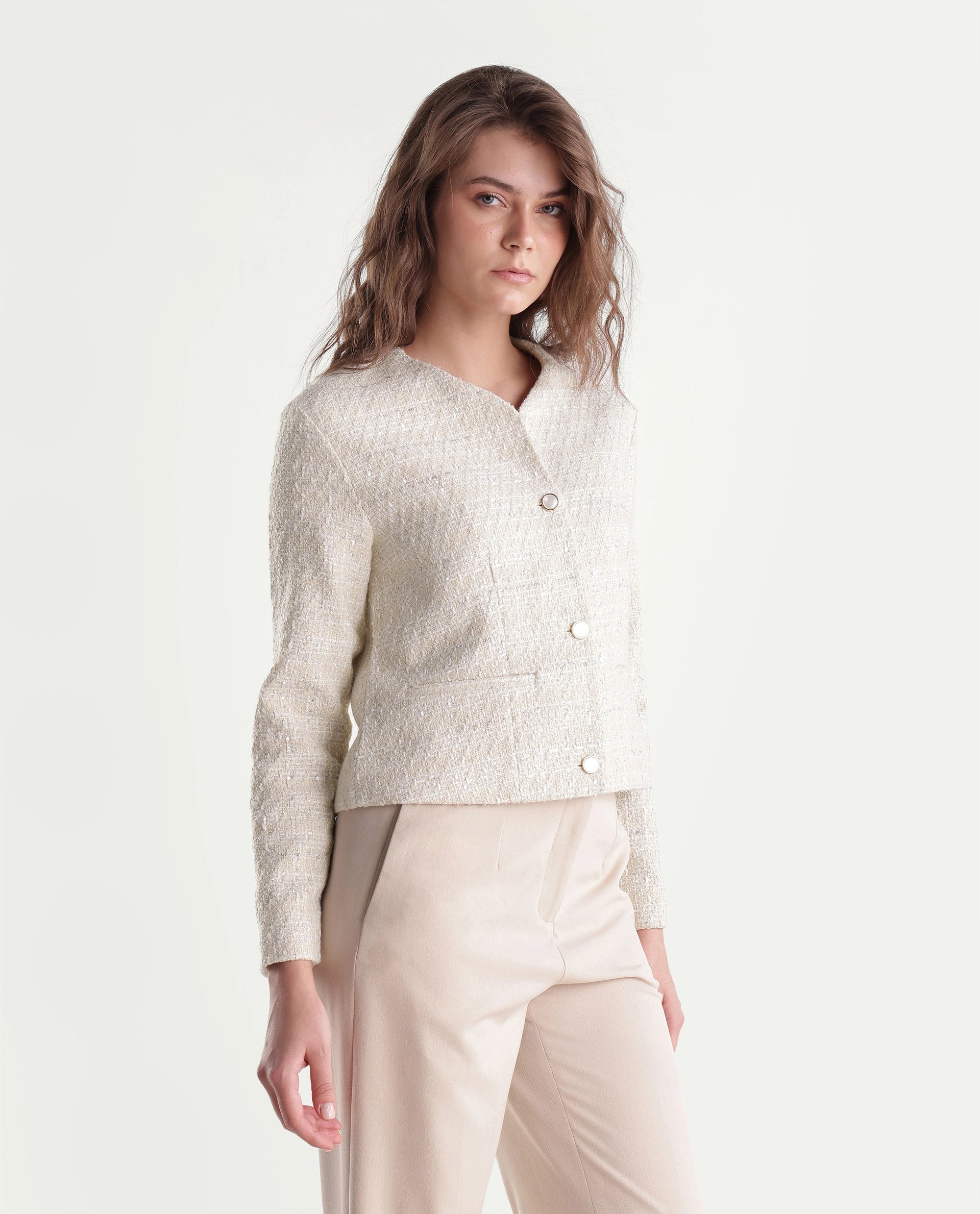 Rareism Womens Toat-J Off White Cotton Blend Collarless Regular Plain Jacket