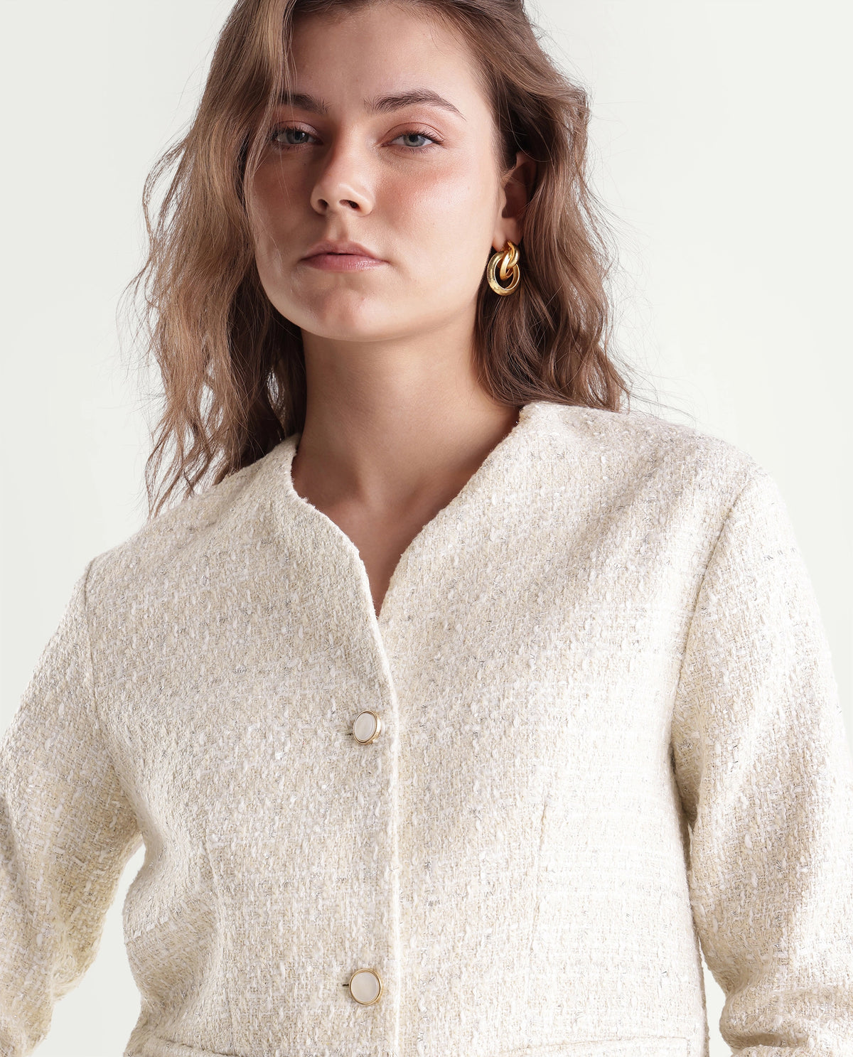 Rareism Womens Toat-J Off White Cotton Blend Collarless Regular Plain Jacket
