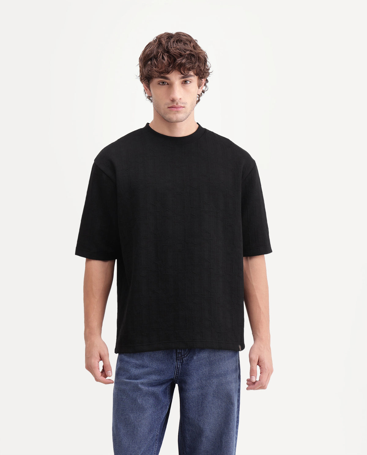 Rare Rabbit Mens Corin Black Cotton Blend Crew Neck Regular Textured T-Shirt
