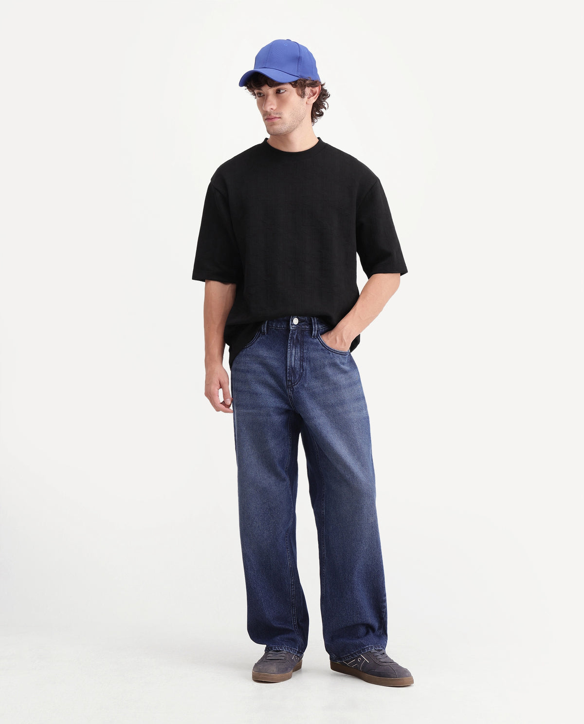 Rare Rabbit Mens Corin Black Cotton Blend Crew Neck Regular Textured T-Shirt