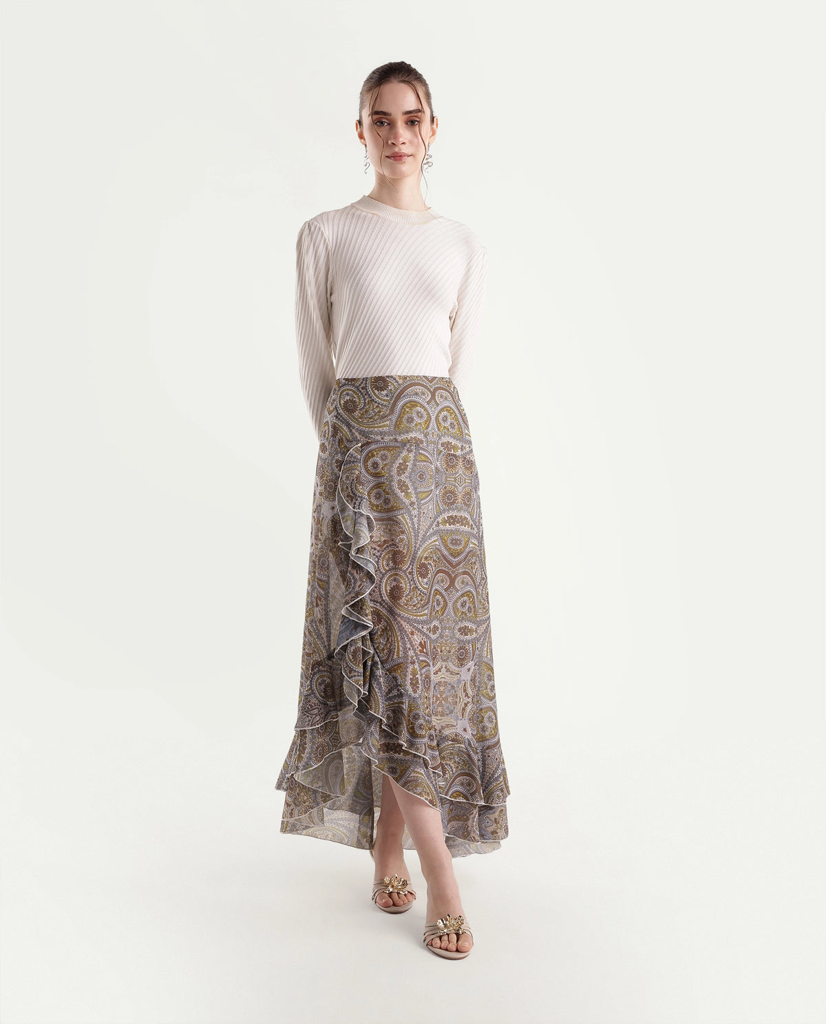 Rareism Women's Onfara Multi Polyester Button And Zip Ruffled Paisley Skirt - image 2