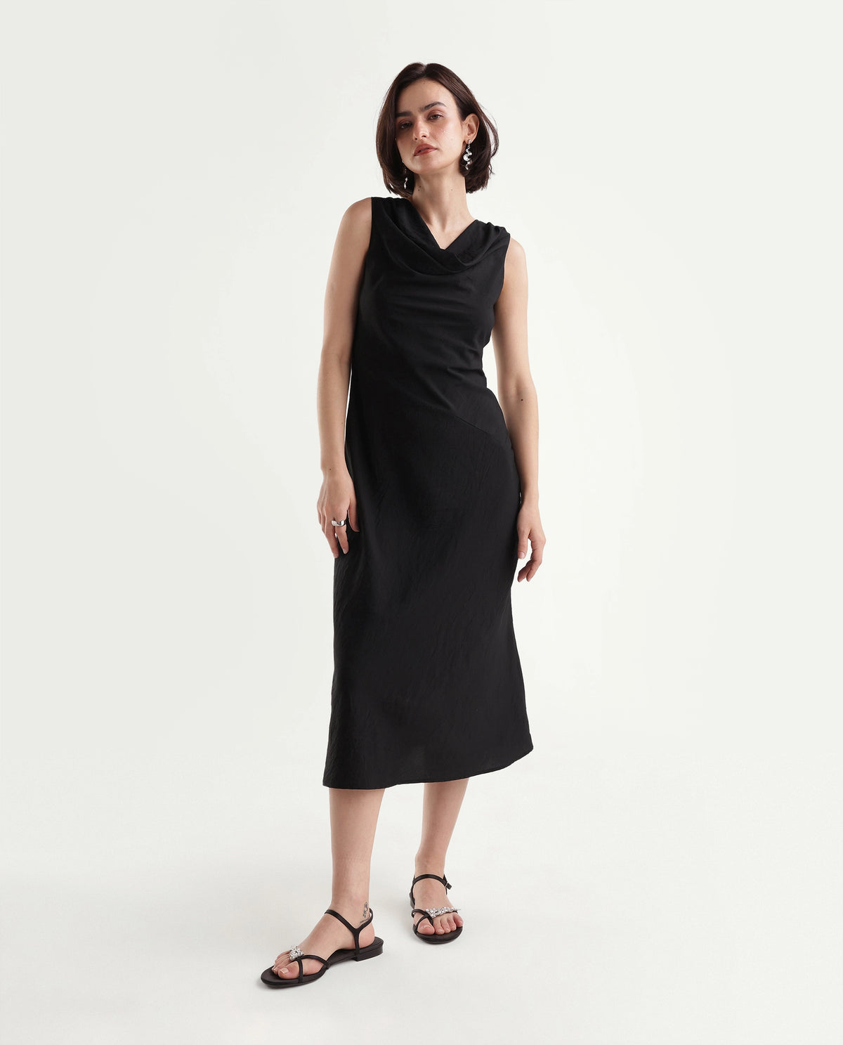 Rareism Women's Onpom Black Viscose Blend Cowl Neck Sheath Plain Dress - image 1