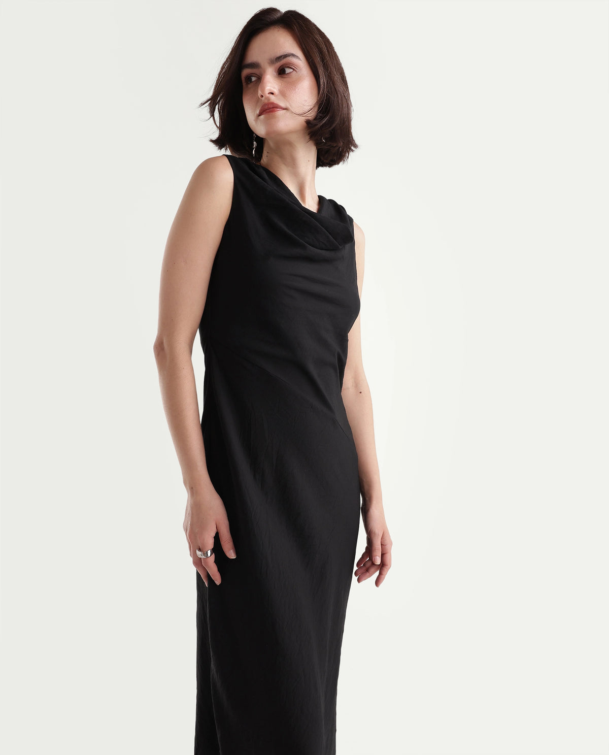 Rareism Women's Onpom Black Viscose Blend Cowl Neck Sheath Plain Dress - image 5