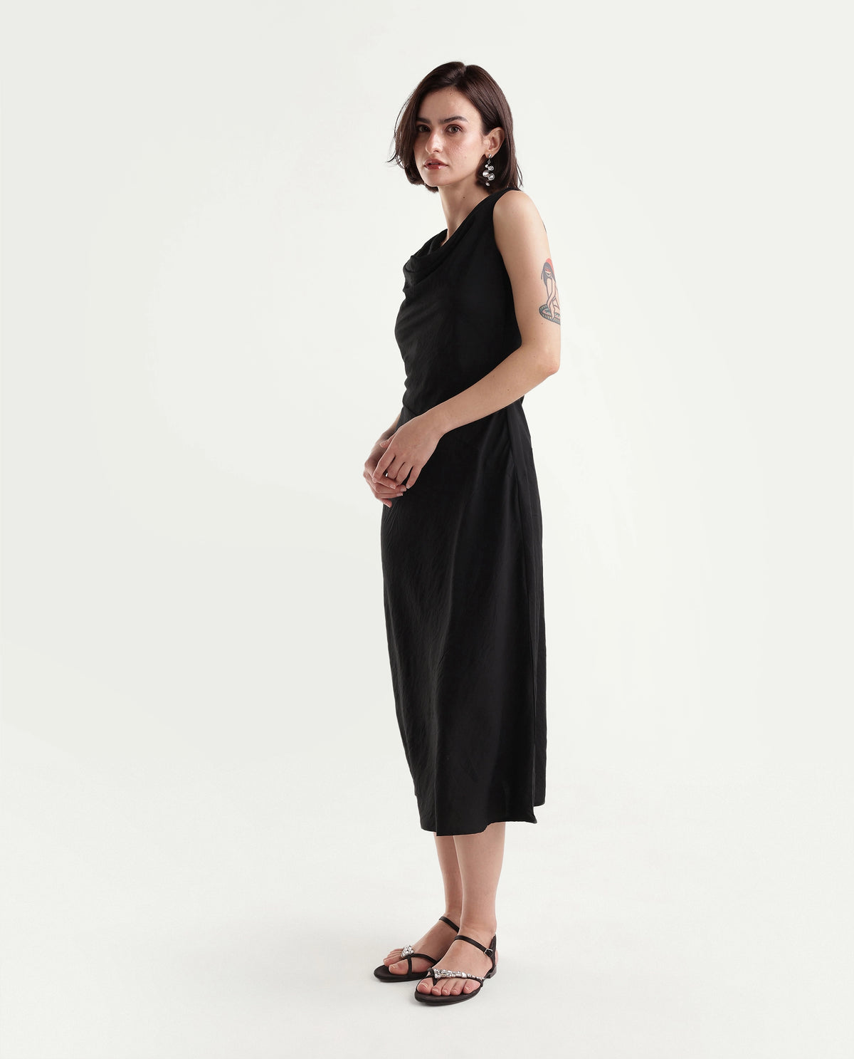 Rareism Women's Onpom Black Viscose Blend Cowl Neck Sheath Plain Dress - image 6