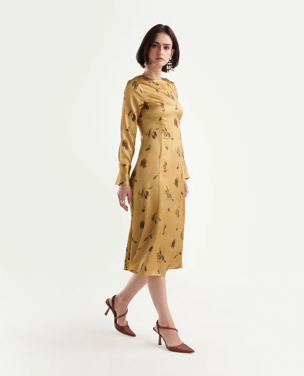 Rareism Women's Onpress Mustard Polyester Button And Zip Fit And Flare Floral Print Dress - image 4