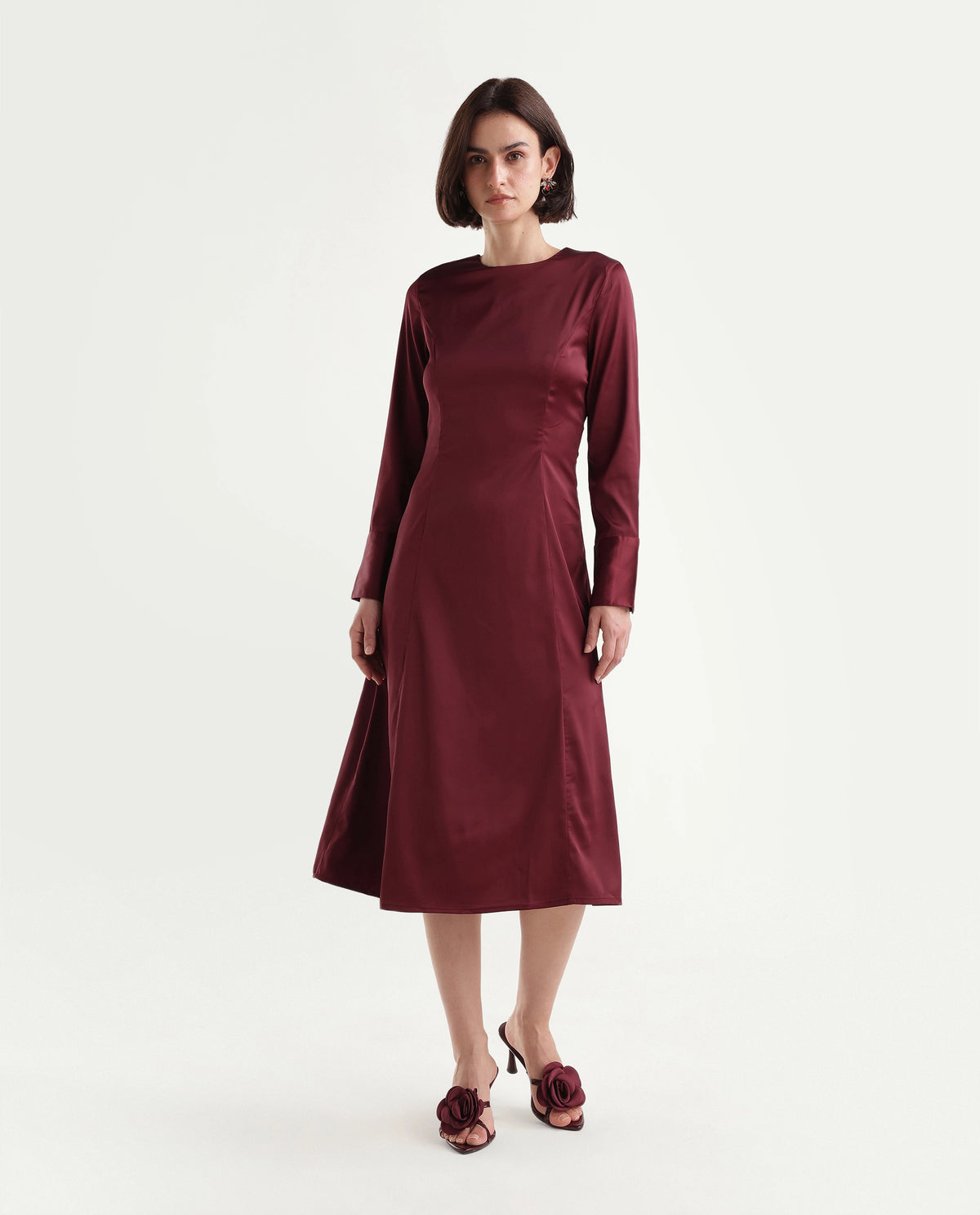 Rareism Women's Onpresso Dark Red Polyester Button And Zip A-Line Plain Dress - image 2