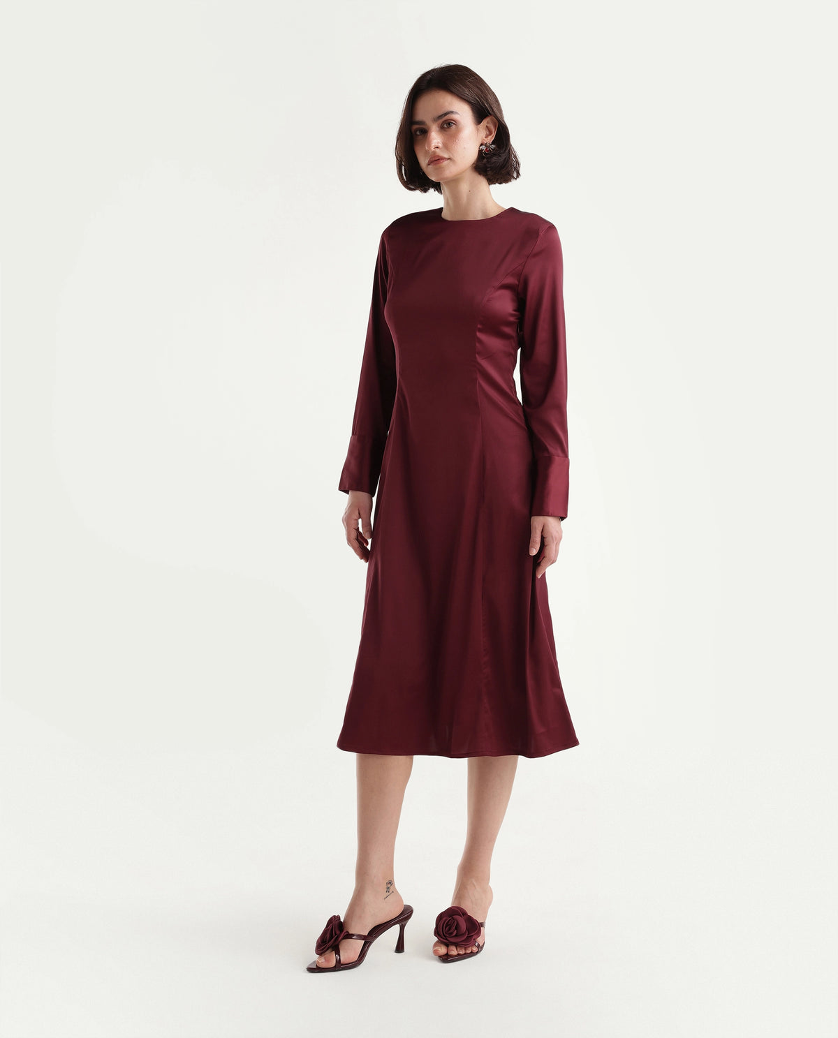 Rareism Women's Onpresso Dark Red Polyester Button And Zip A-Line Plain Dress - image 5