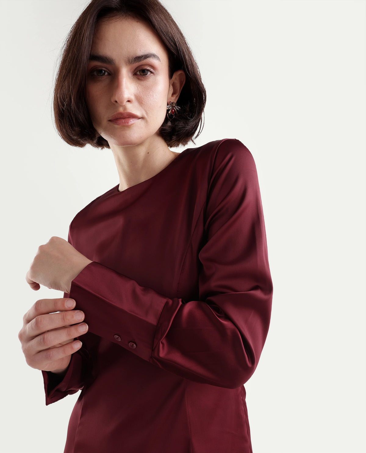 Rareism Women's Onpresso Dark Red Polyester Button And Zip A-Line Plain Dress - image 3