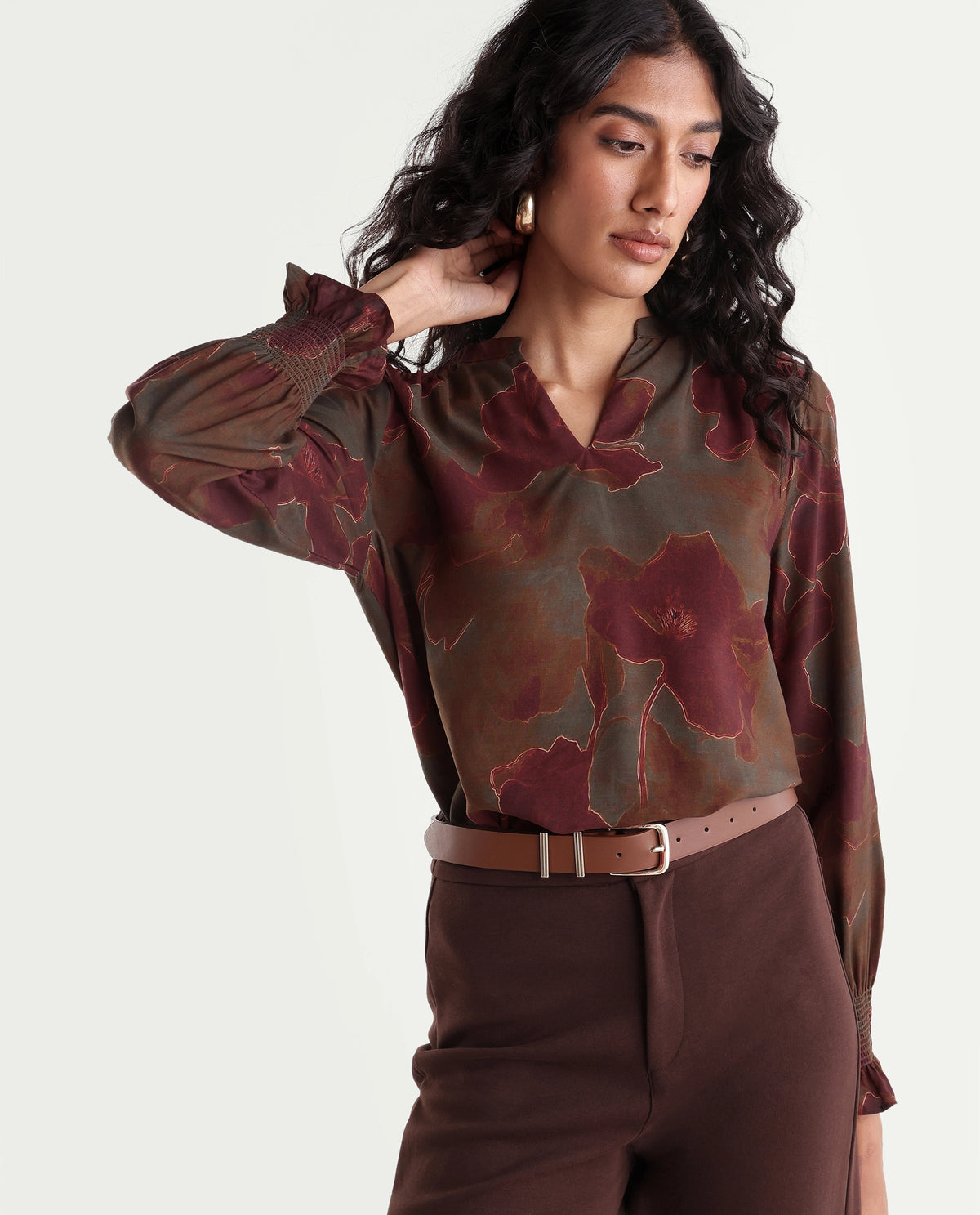 Rareism Women's Heckel Dark Olive Viscose Relaxed Fit Abstract Print Top - image 1