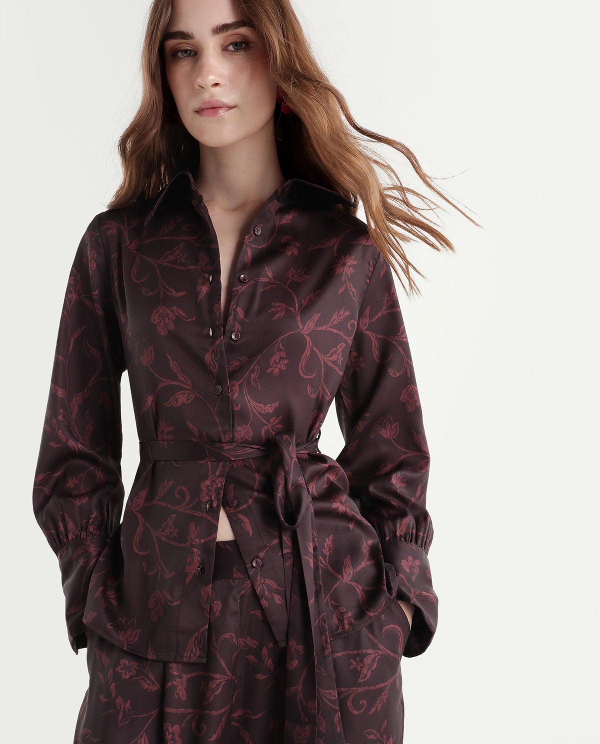 Rareism Women's Onpob-T Dark Maroon Polyester Spread Collar Regular Floral Print Shirt - image 1