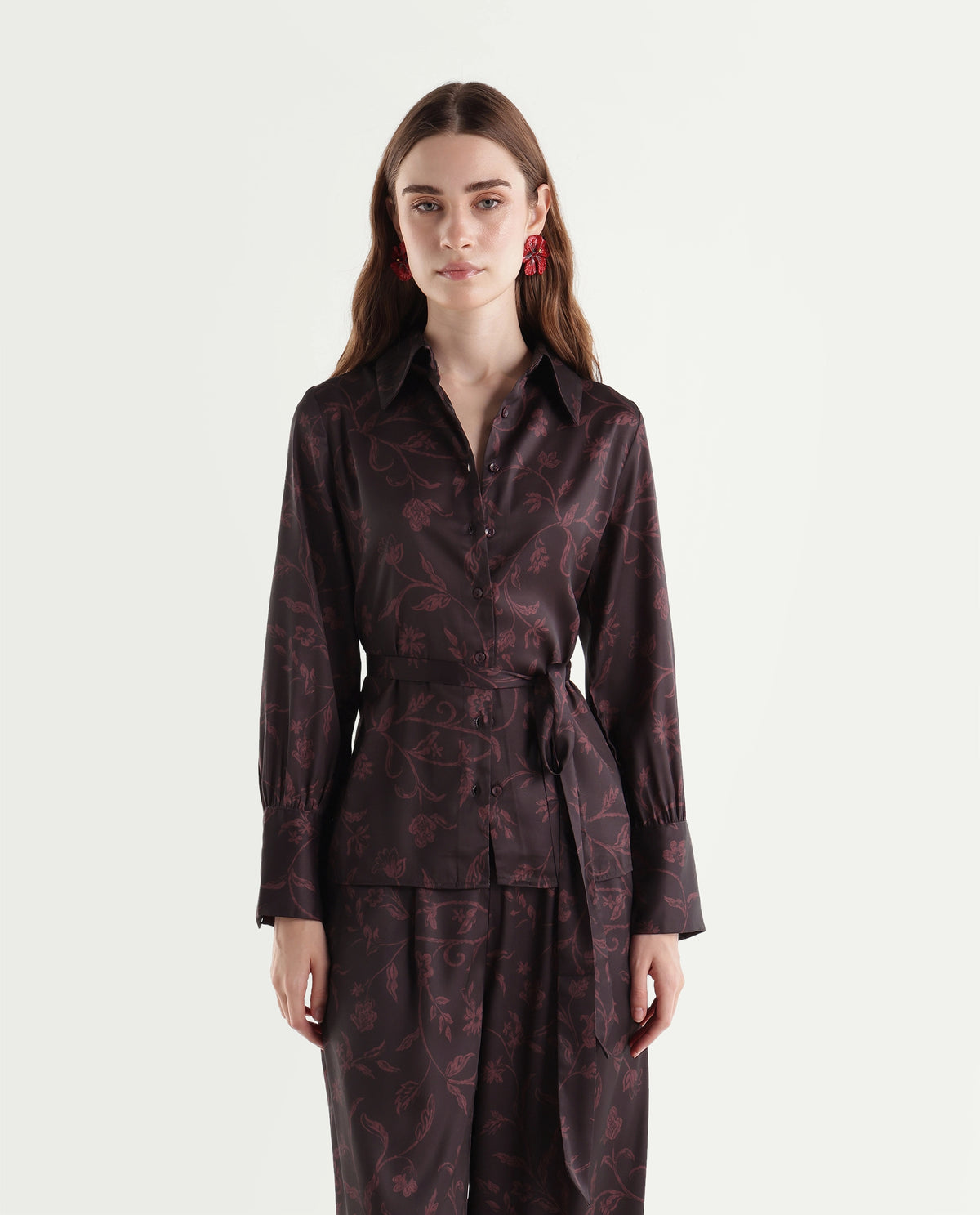 Rareism Women's Onpob-T Dark Maroon Polyester Spread Collar Regular Floral Print Shirt - image 6