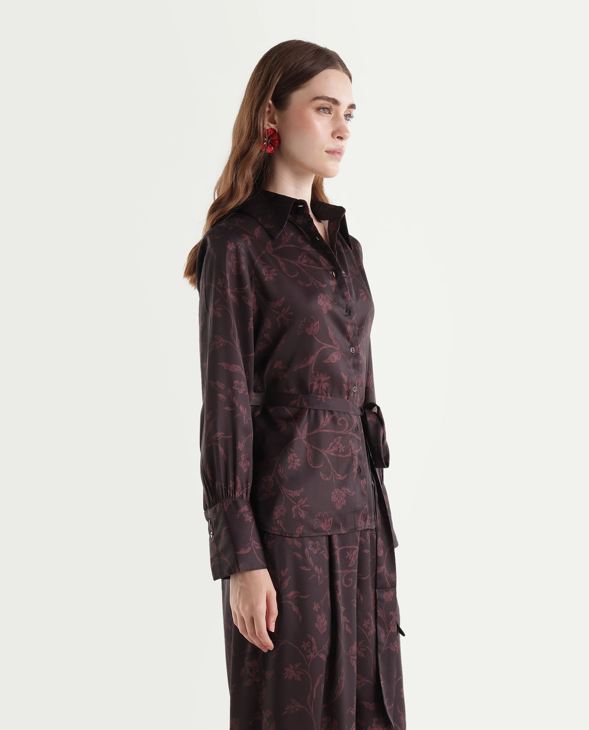 Rareism Women's Onpob-T Dark Maroon Polyester Spread Collar Regular Floral Print Shirt - image 4