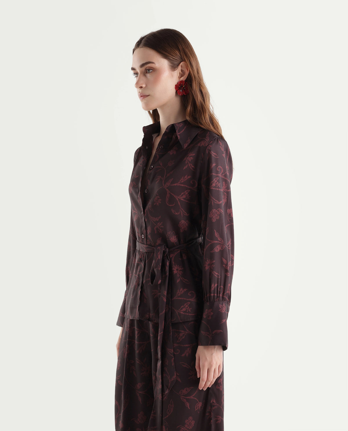 Rareism Women's Onpob-T Dark Maroon Polyester Spread Collar Regular Floral Print Shirt - image 5
