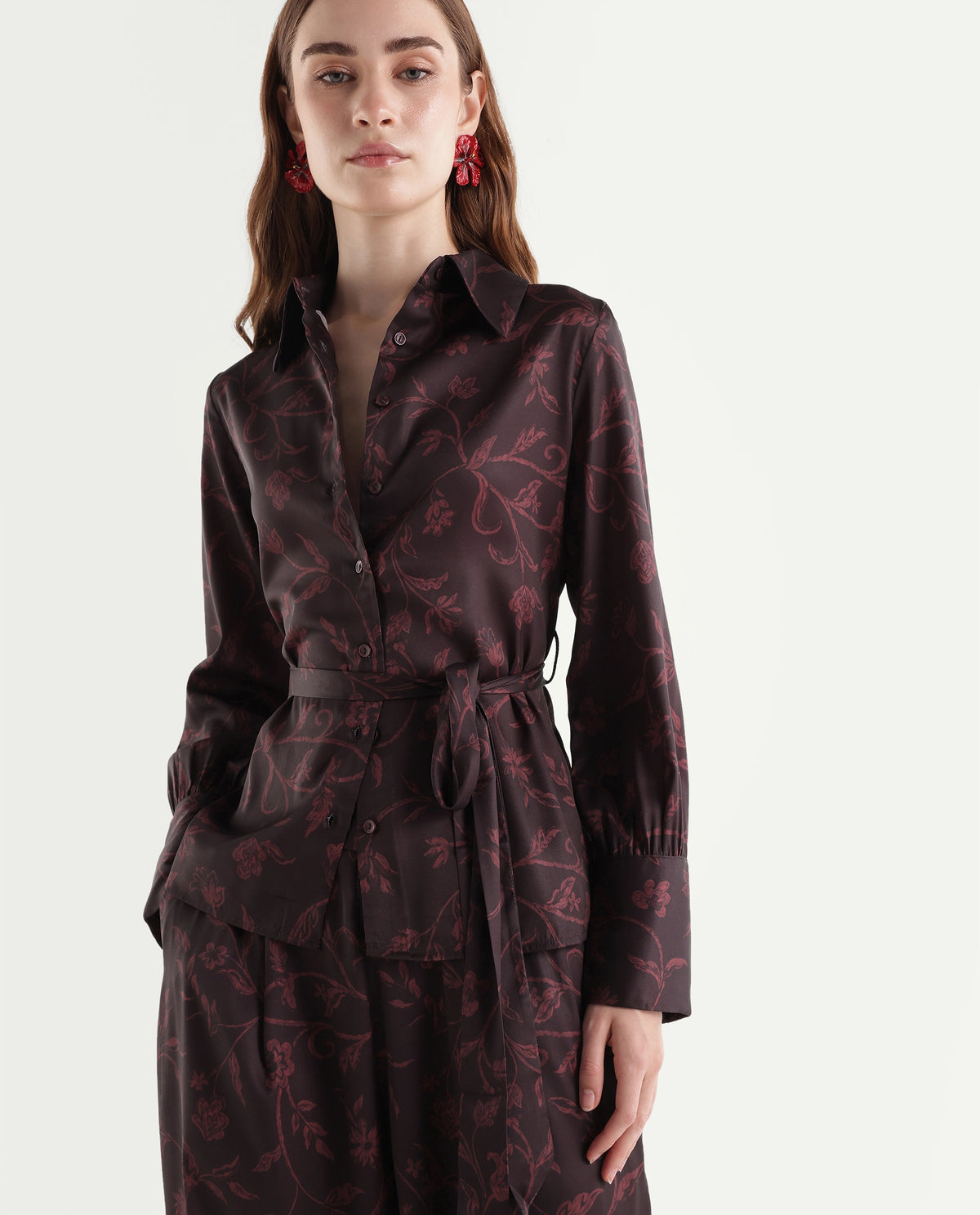Rareism Women's Onpob-T Dark Maroon Polyester Spread Collar Regular Floral Print Shirt - image 3