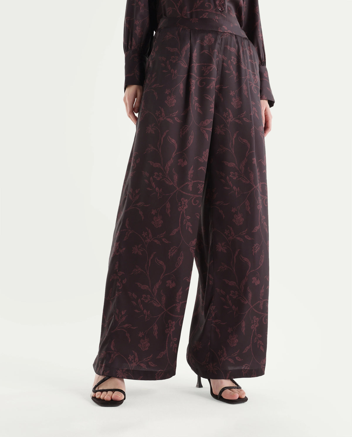 Rareism Women's Onpob-B Dark Maroon Polyester Wide Leg Printed Trouser - image 1