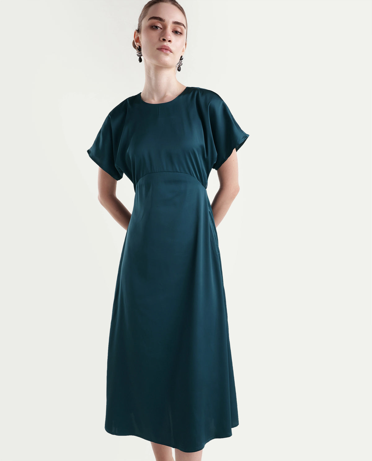 Rareism Women's Onpoj Teal Polyester Round Neck A-Line Plain Dress - image 1
