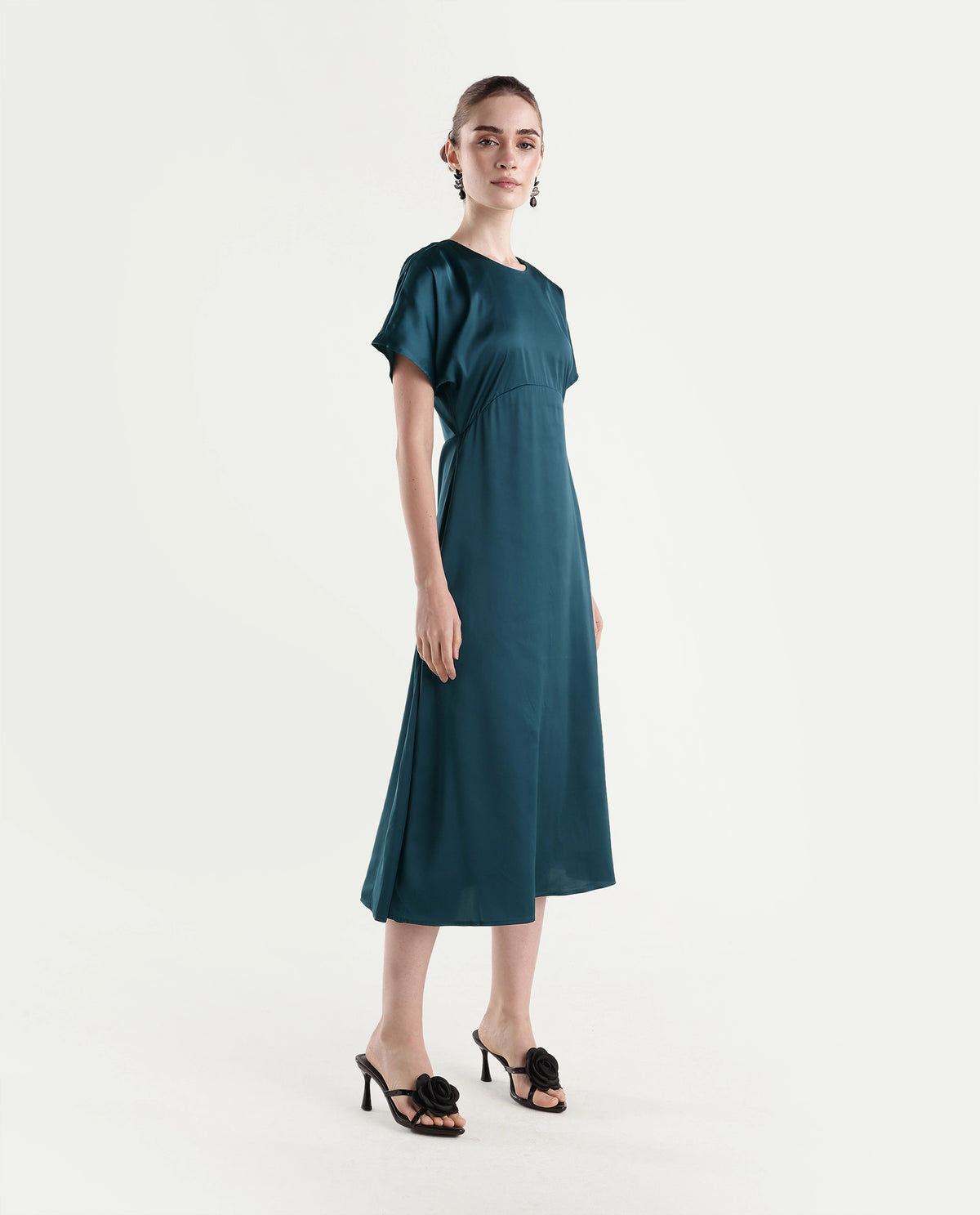 Rareism Women's Onpoj Teal Polyester Round Neck A-Line Plain Dress - image 2