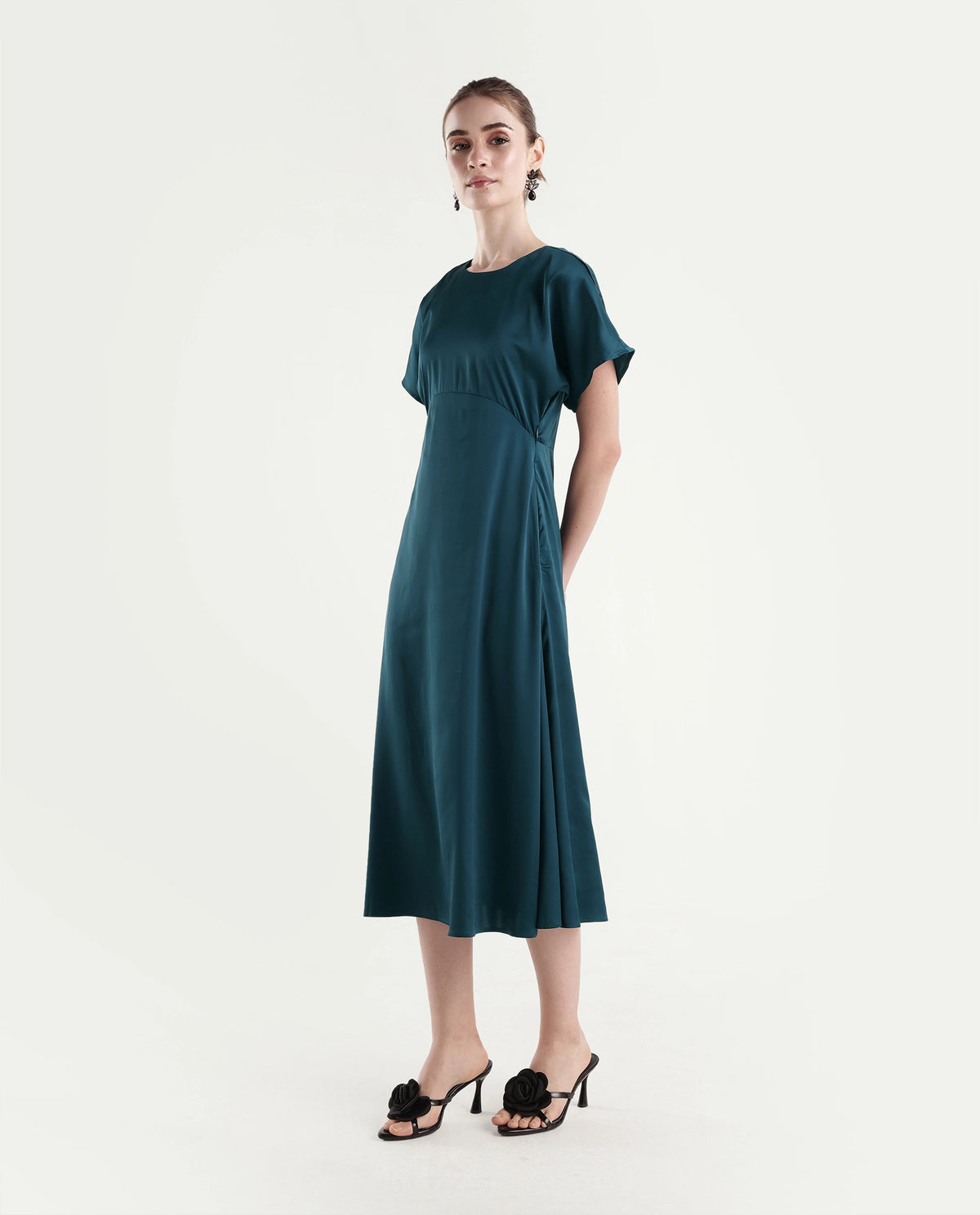 Rareism Women's Onpoj Teal Polyester Round Neck A-Line Plain Dress - image 5