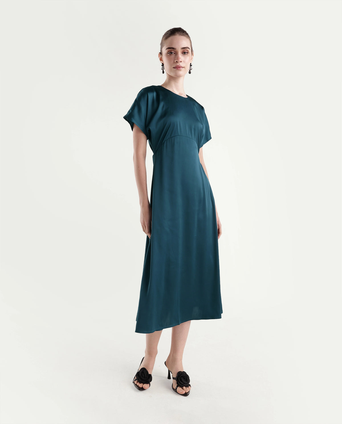 Rareism Women's Onpoj Teal Polyester Round Neck A-Line Plain Dress - image 4