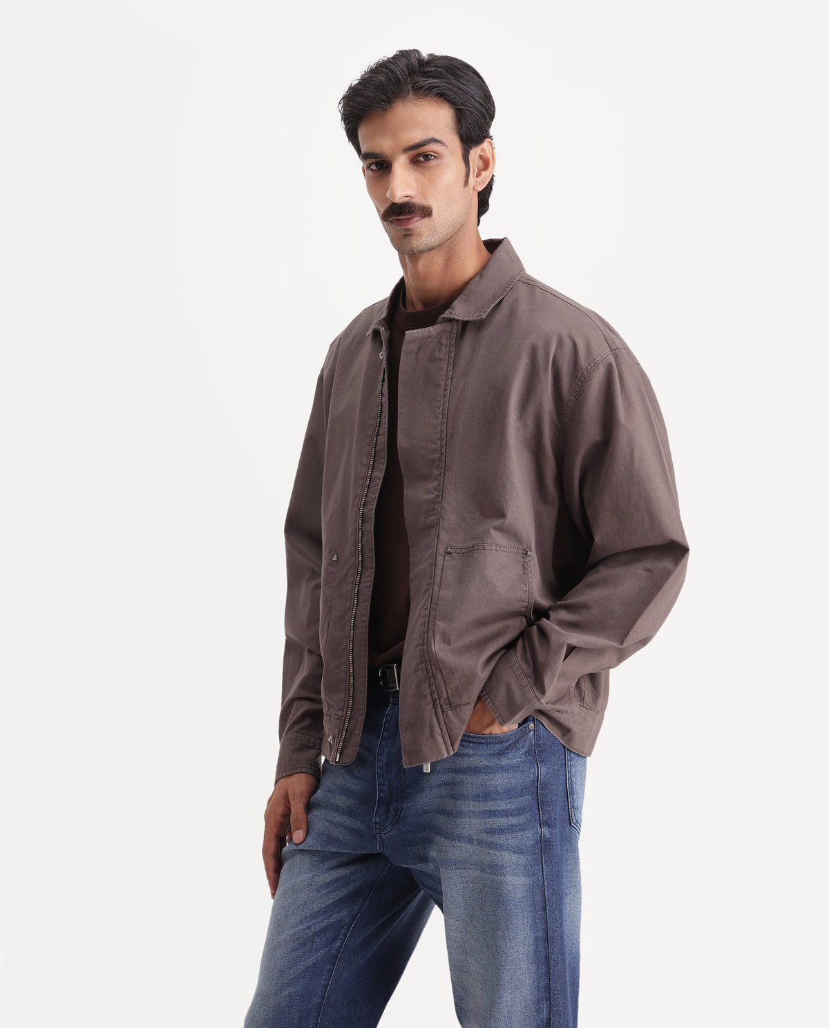 Rare Rabbit Men's Rugbo-S Brown Cotton Spread Collar Snap Button Regular Plain Shacket - image 5