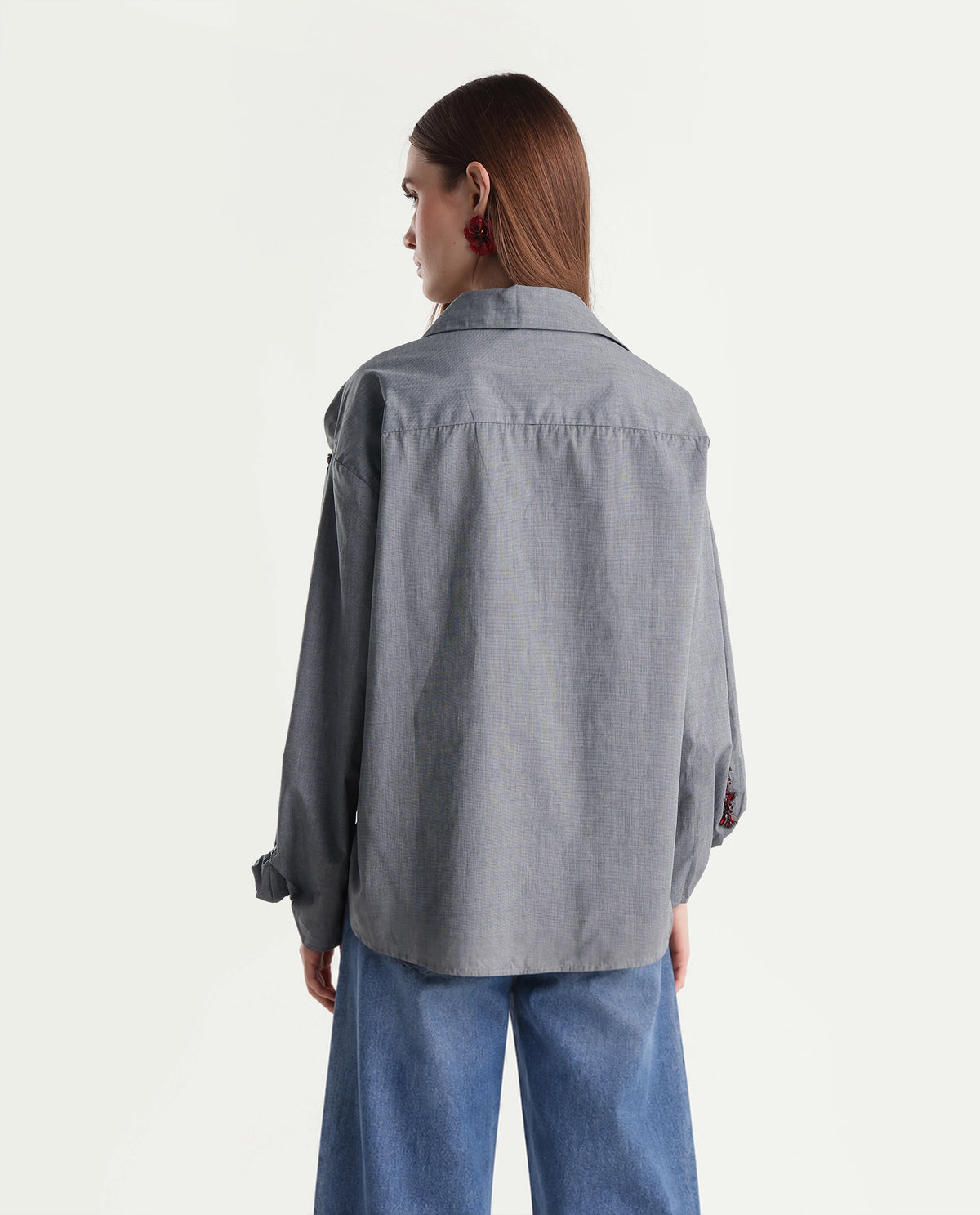 Rareism Women's Guldono Grey Cotton Blend Spread Collar Relaxed Striped Shirt - image 8
