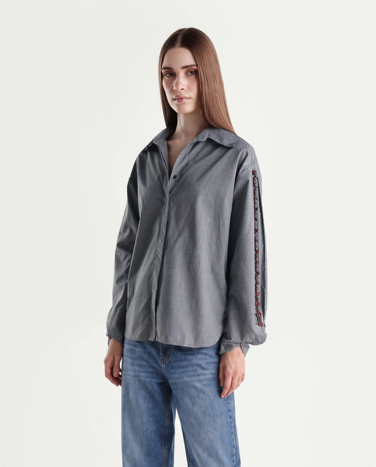 Rareism Women's Guldono Grey Cotton Blend Spread Collar Relaxed Striped Shirt - image 5