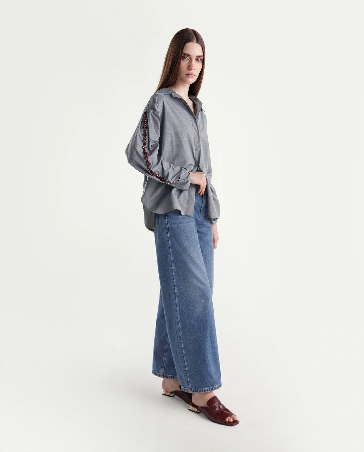 Rareism Women's Guldono Grey Cotton Blend Spread Collar Relaxed Striped Shirt - image 2